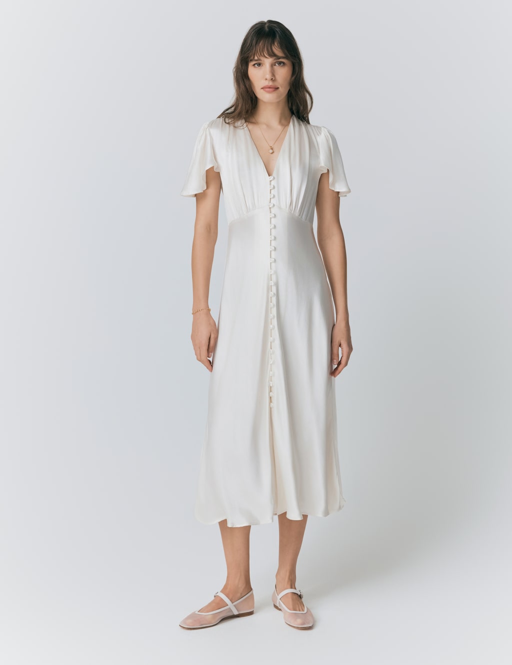 Satin V-Neck Angel Sleeve Midi Tea Dress