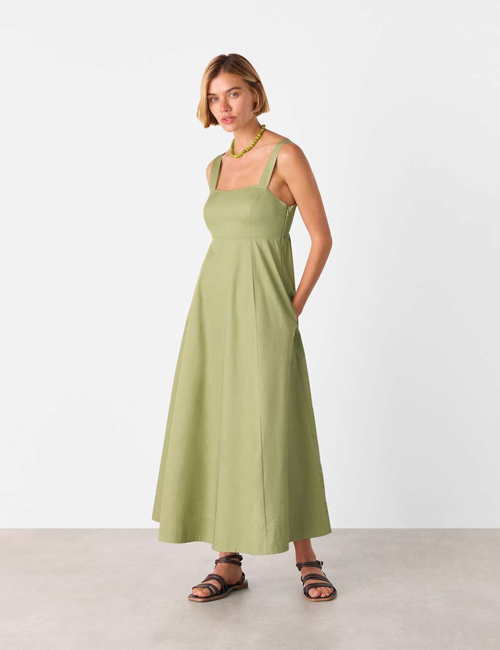 Whistles Women's Pure Cotton Square Neck Midi Skater Dress - 12 - Khaki - Available at M&S
