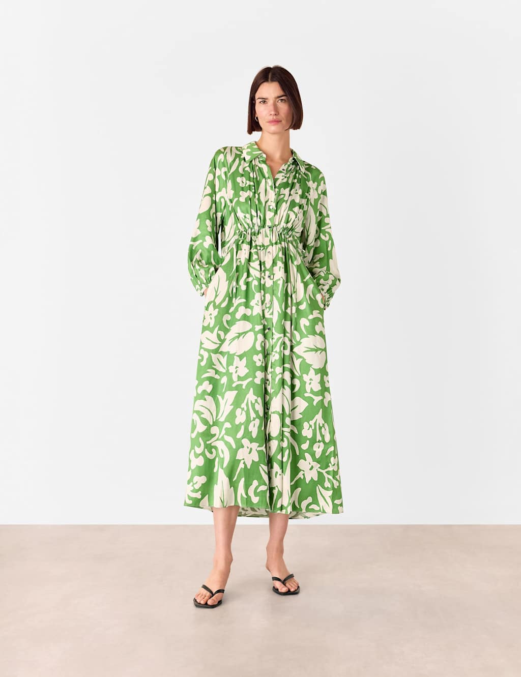 Whistles Women's Floral V-Neck Button Through Midi Shirt Dress - 12 - Green Mix - Available at M&S