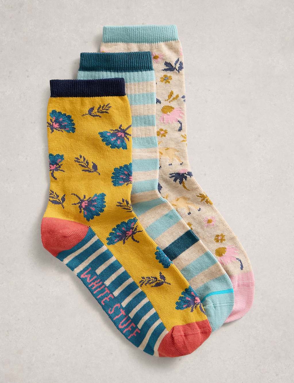 White Stuff Women's 3 Pack Cotton Rich Floral Ankle High Socks - 6-8 - Yellow Mix - Available at M&S