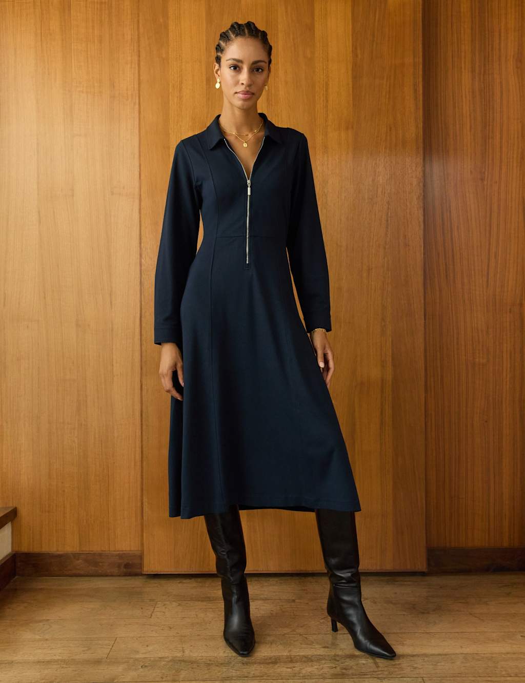 BAUKJEN Zip Neck Midi Shirt Dress Navy