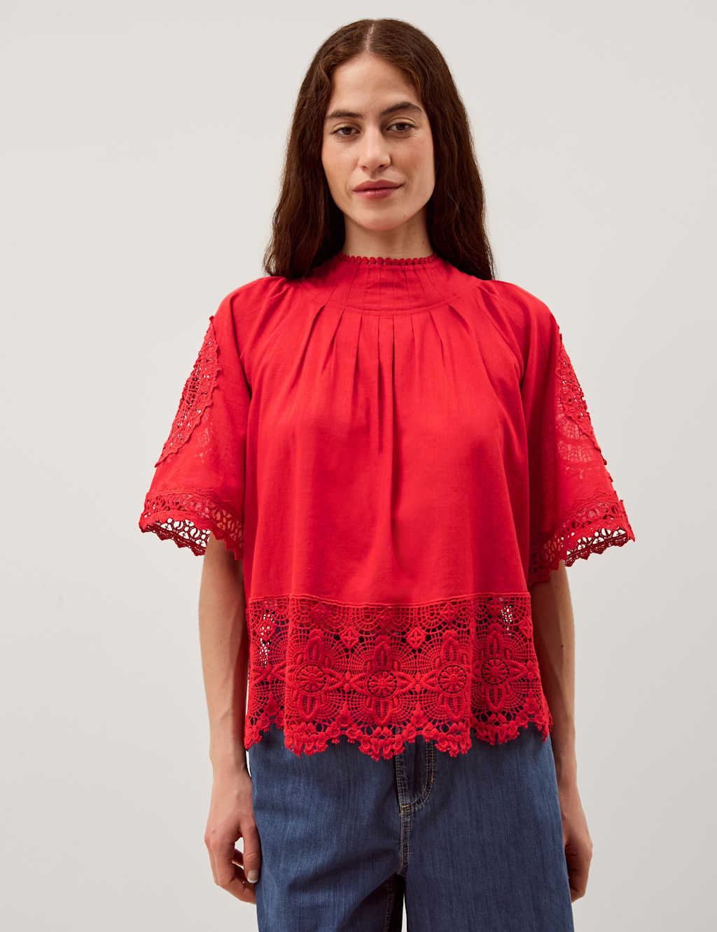 Monsoon Women's Pure Cotton Broderie High Neck Top - Medium - Red - Available at M&S