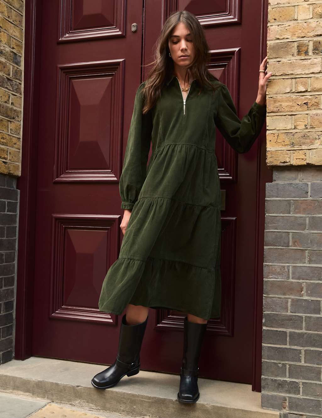 BAUKJEN Cord Zip Neck Midi Tiered Dress Dark Khaki