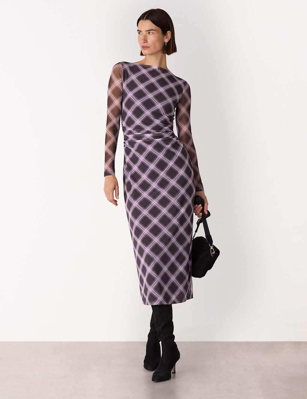 Whistles Women's Checked Mesh Bodycon Dress - 14REG - Burgundy Mix, Burgundy Mix