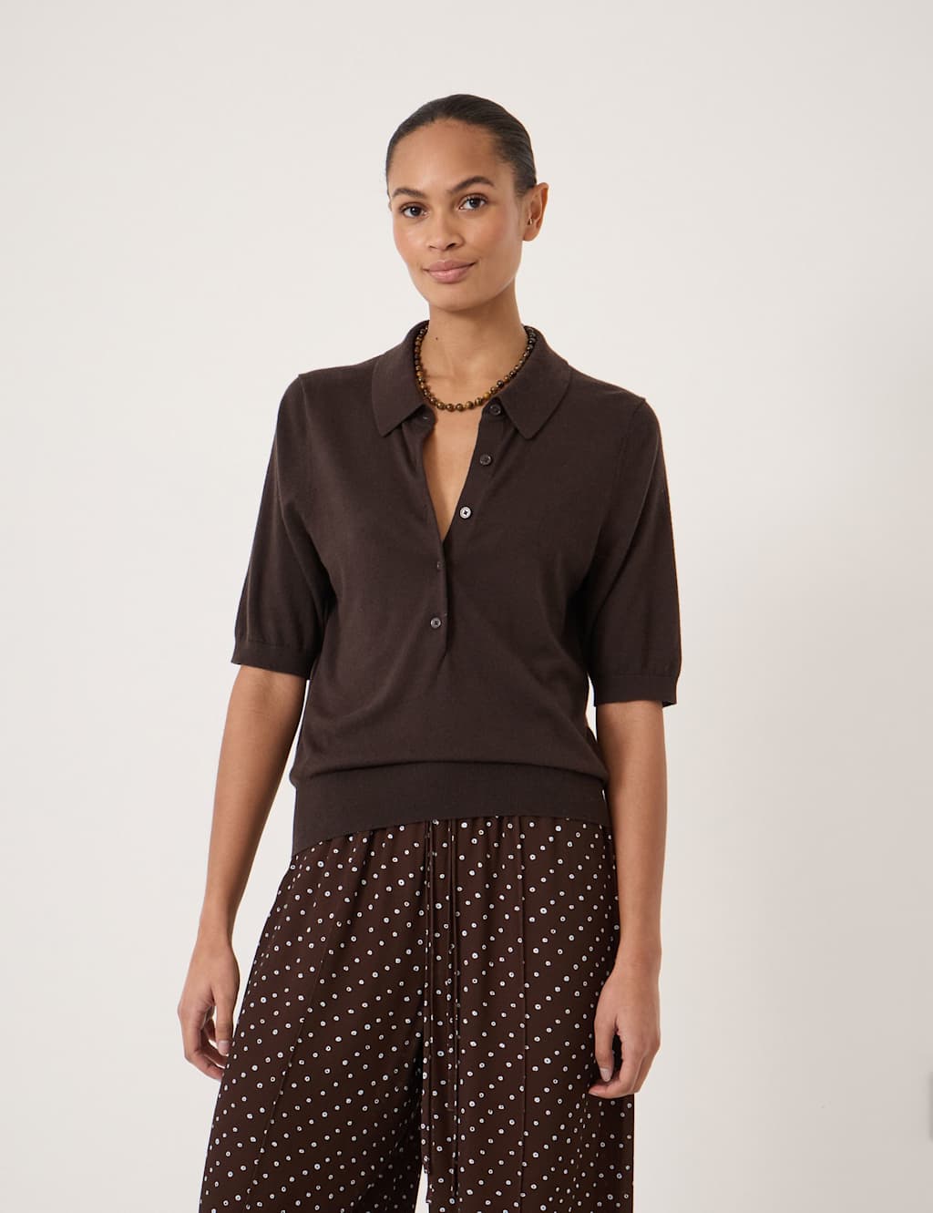 Hush Women's Wool Blend Polo Neck Knitted Top - Small-Medium - Dark Brown - Available at M&S