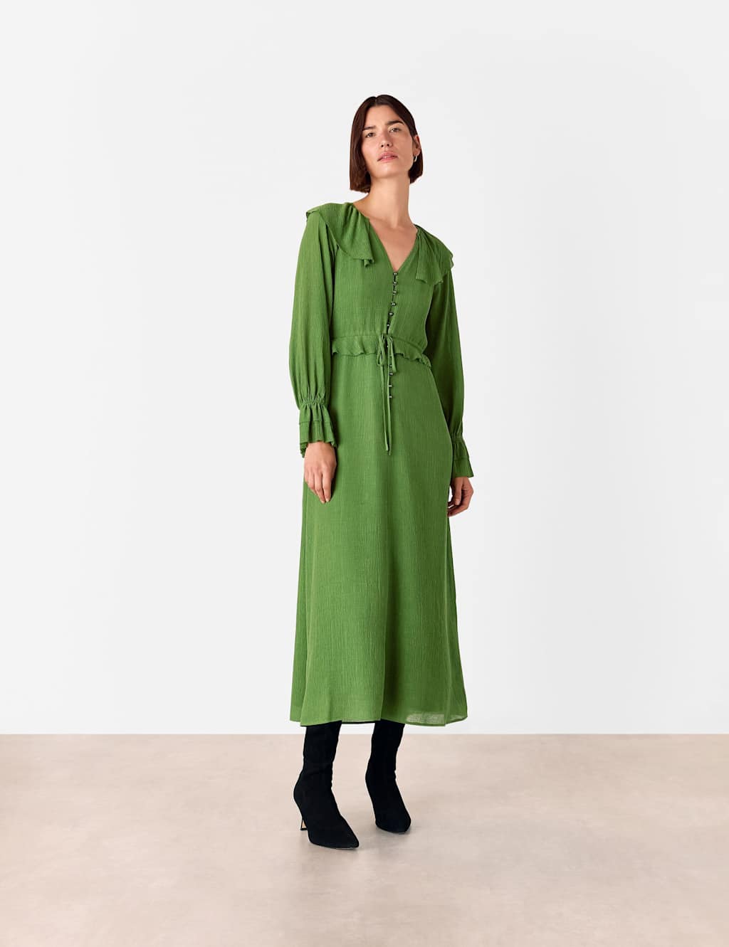 Whistles Textured V-Neck Frill Midi Waisted Dress Green