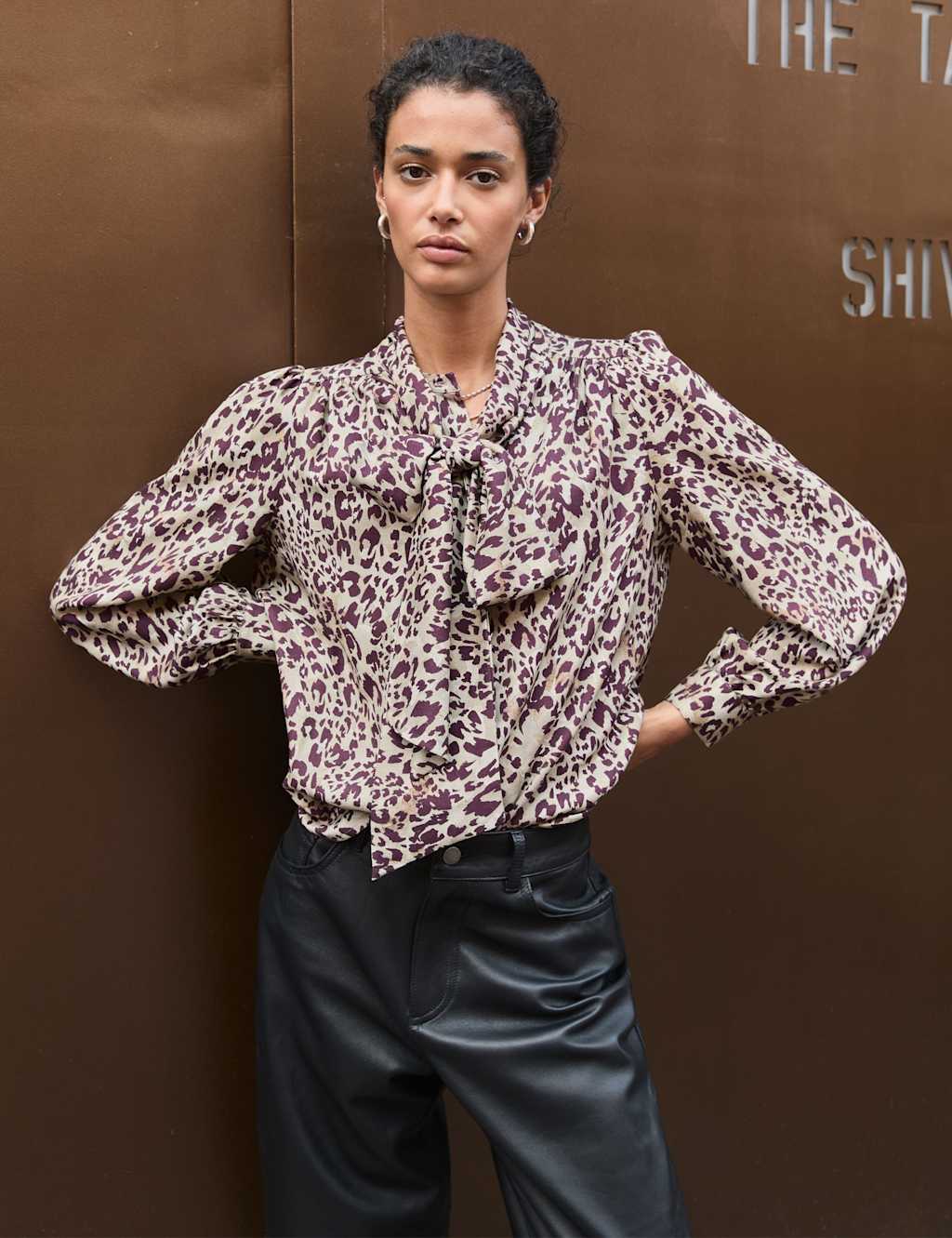 BAUKJEN Animal Print Bow Neck Blouse Burgundy Mix