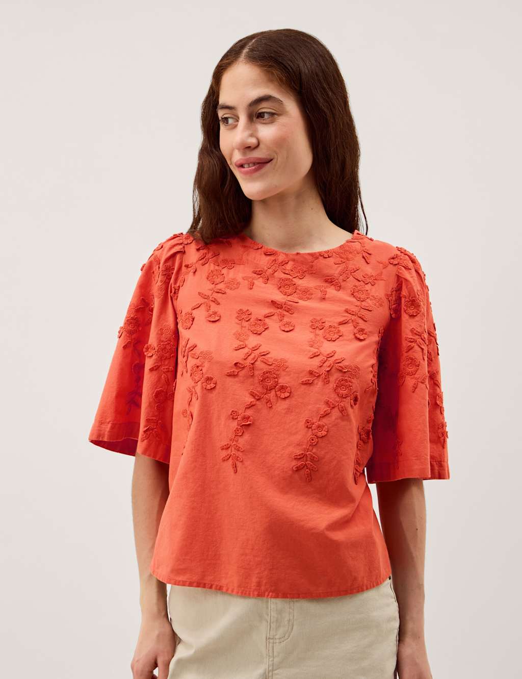 Monsoon Women's Pure Cotton Floral Embroidered Top - Medium - Orange - Available at M&S