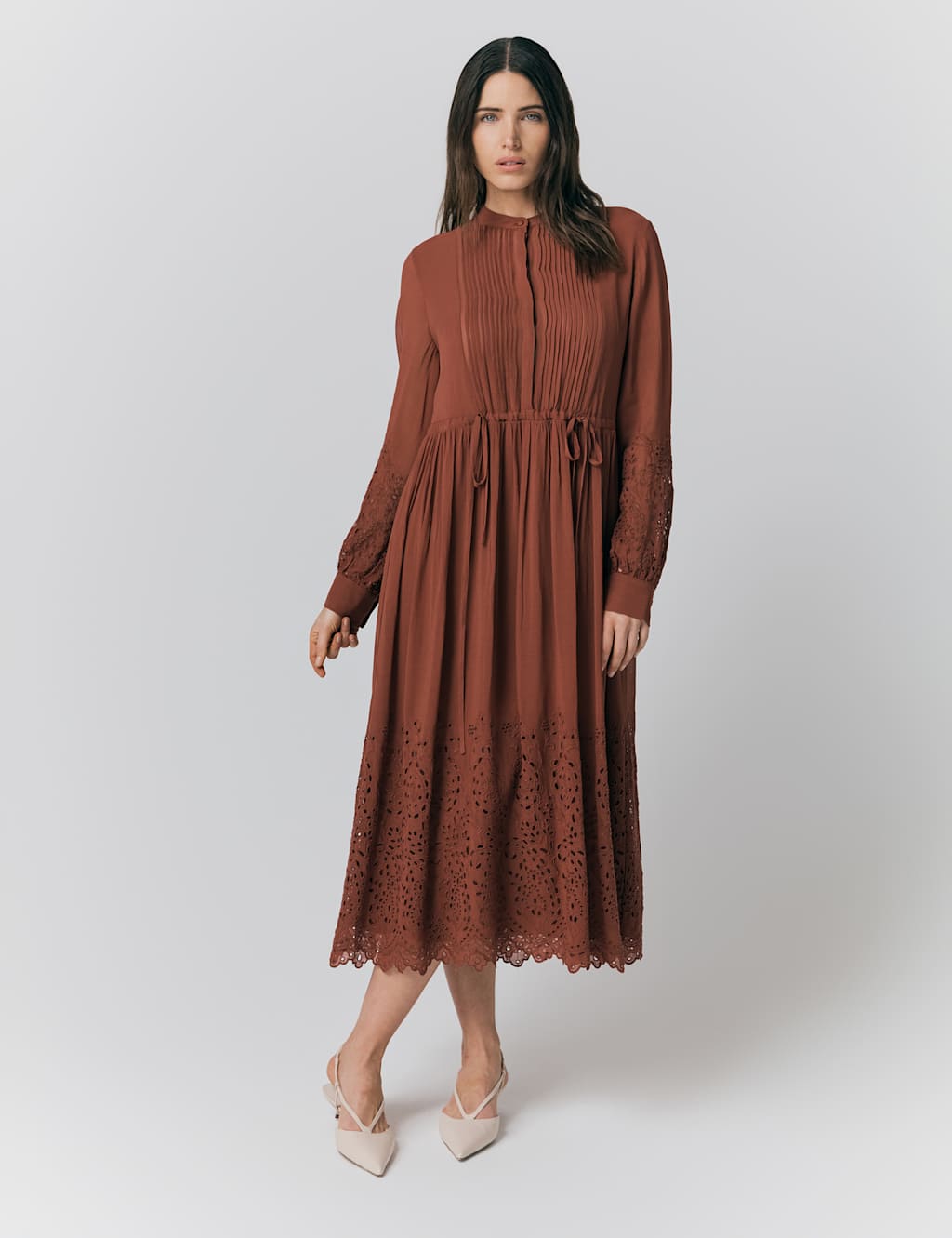 Georgette Broderie Pleated Midi Smock Dress