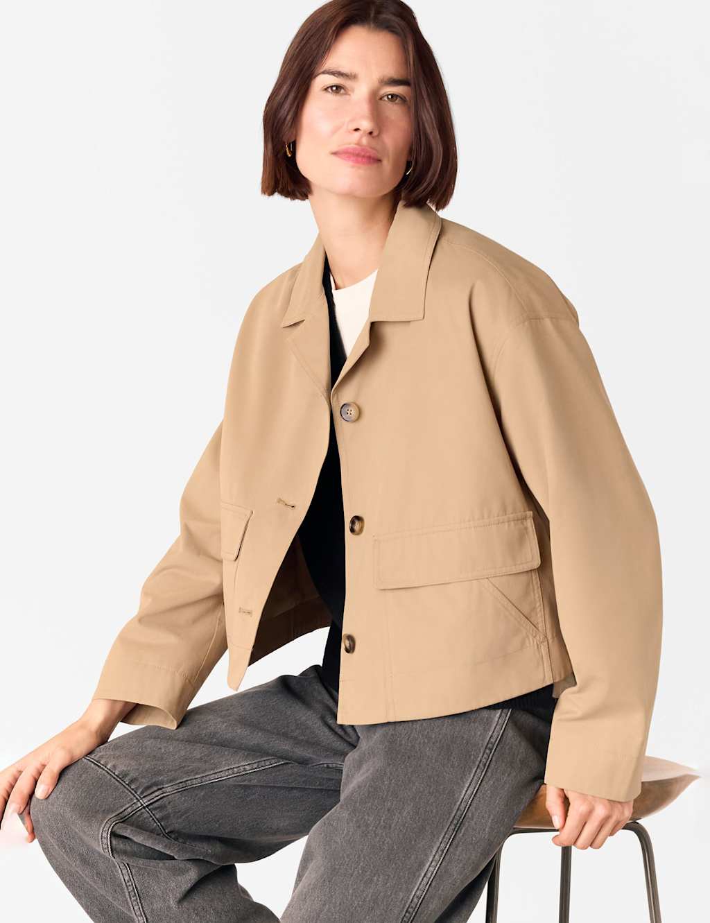 Whistles Cotton Blend Collared Cropped Trench Coat Neutral