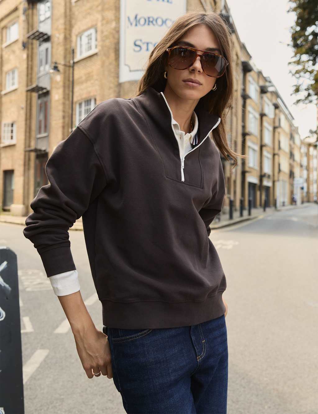 BAUKJEN Cotton Rich High Neck Relaxed Sweatshirt Dark Brown