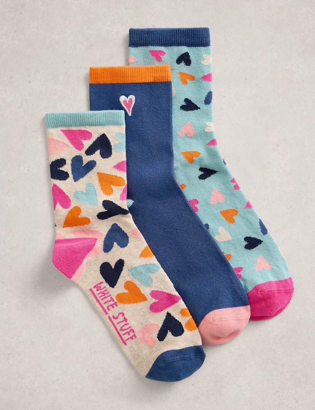 White Stuff Women's 3 Pack Cotton Rich Heart Ankle High Socks - 3-5 - Blue Mix - Available at M&S