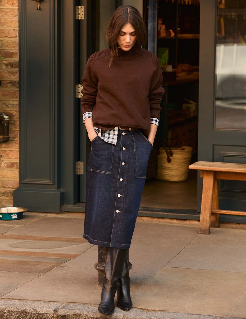 BAUKJEN Denim Button Front Midi Skirt Dark Indigo