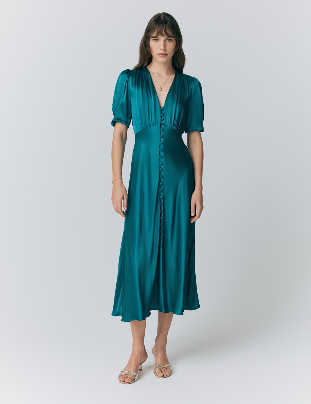 Satin V-Neck Button Through Midaxi Tea Dress