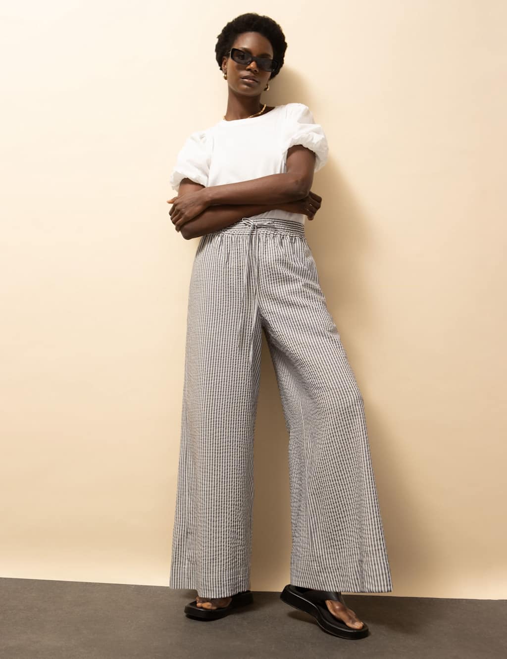 RO&ZO Textured Striped Wide Leg Trousers Black Mix