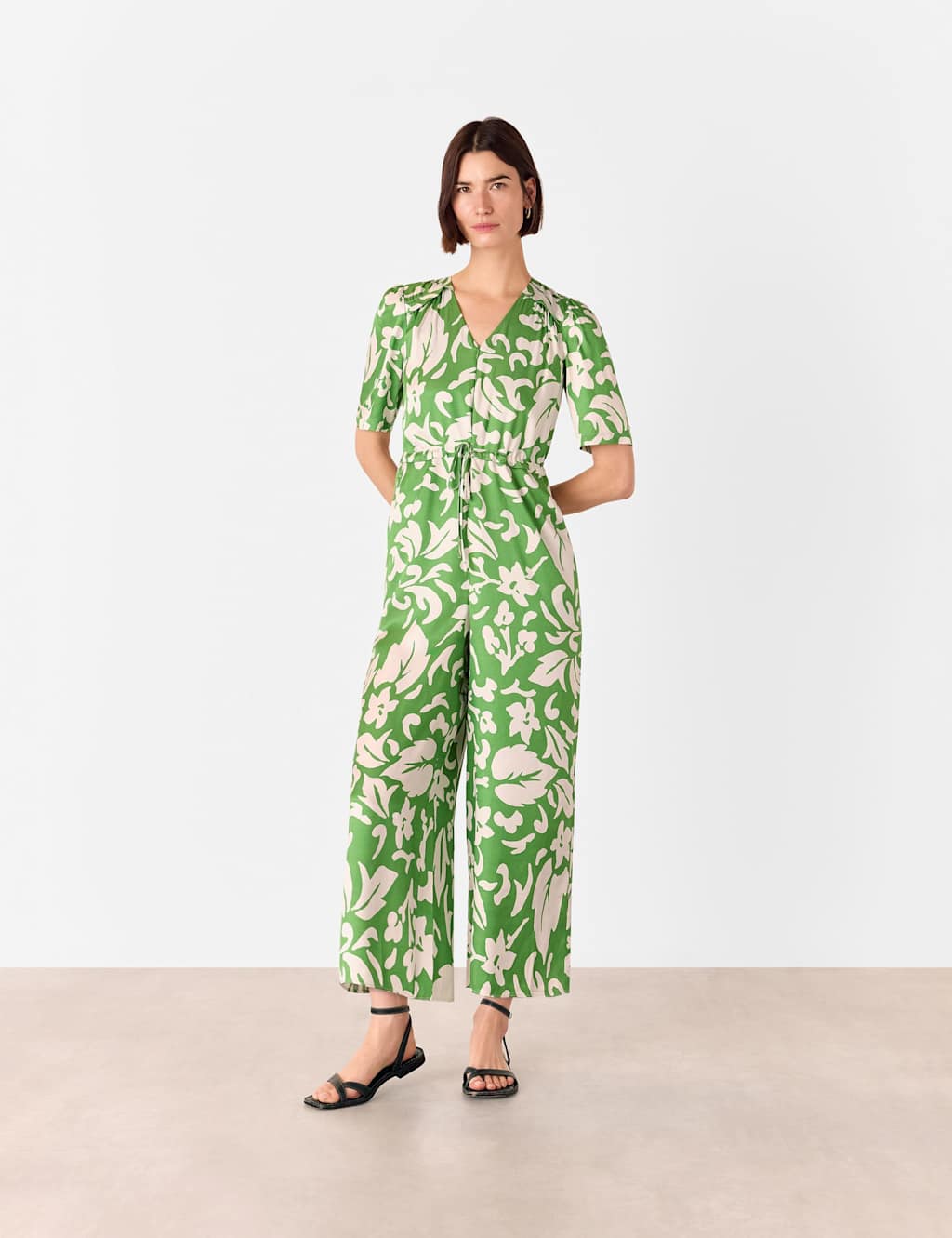 Whistles Women's Floral Tie Waist Short Sleeve Jumpsuit - 10 - Green Mix - Available at M&S
