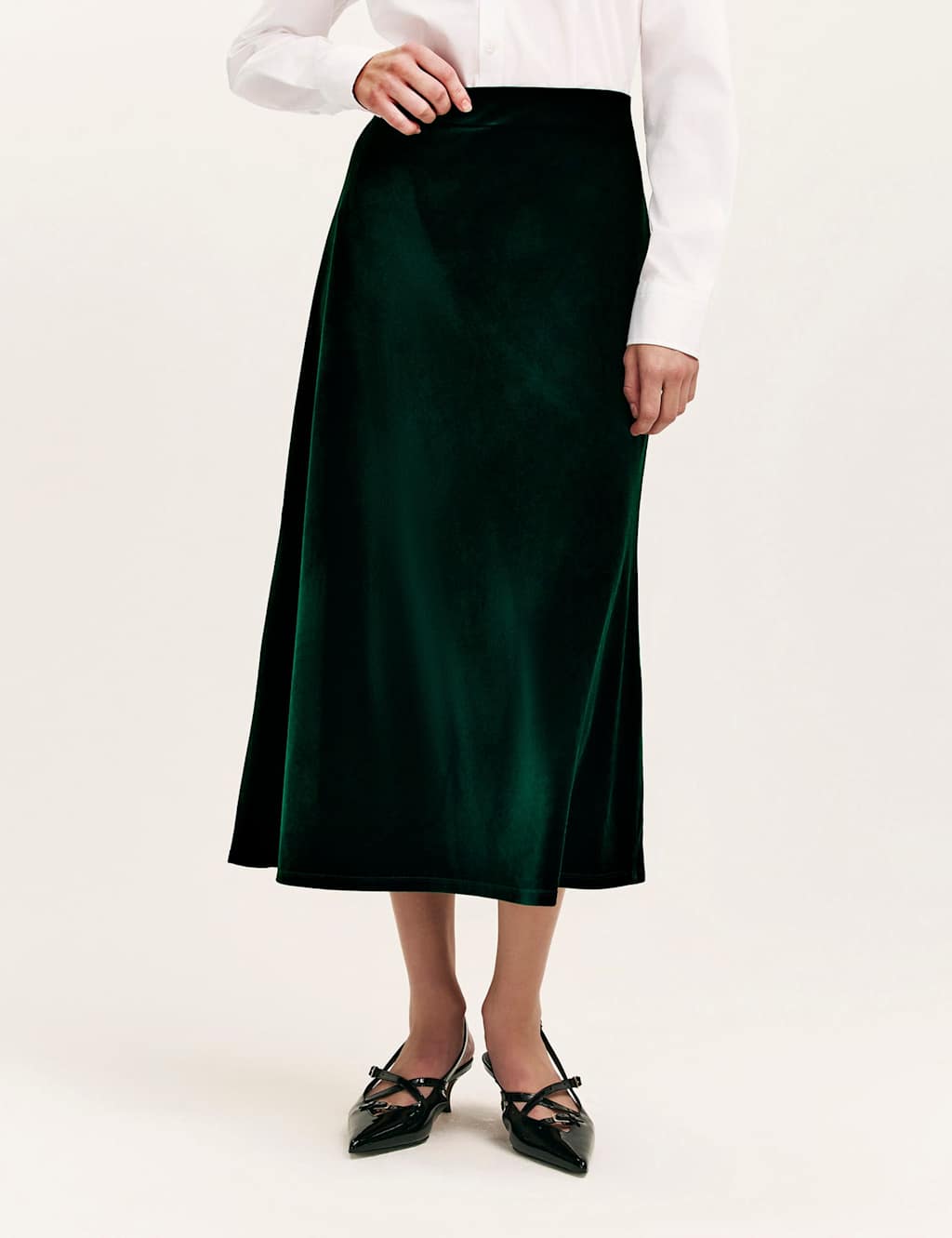 Finery London Velvet Midi Slip Skirt Green