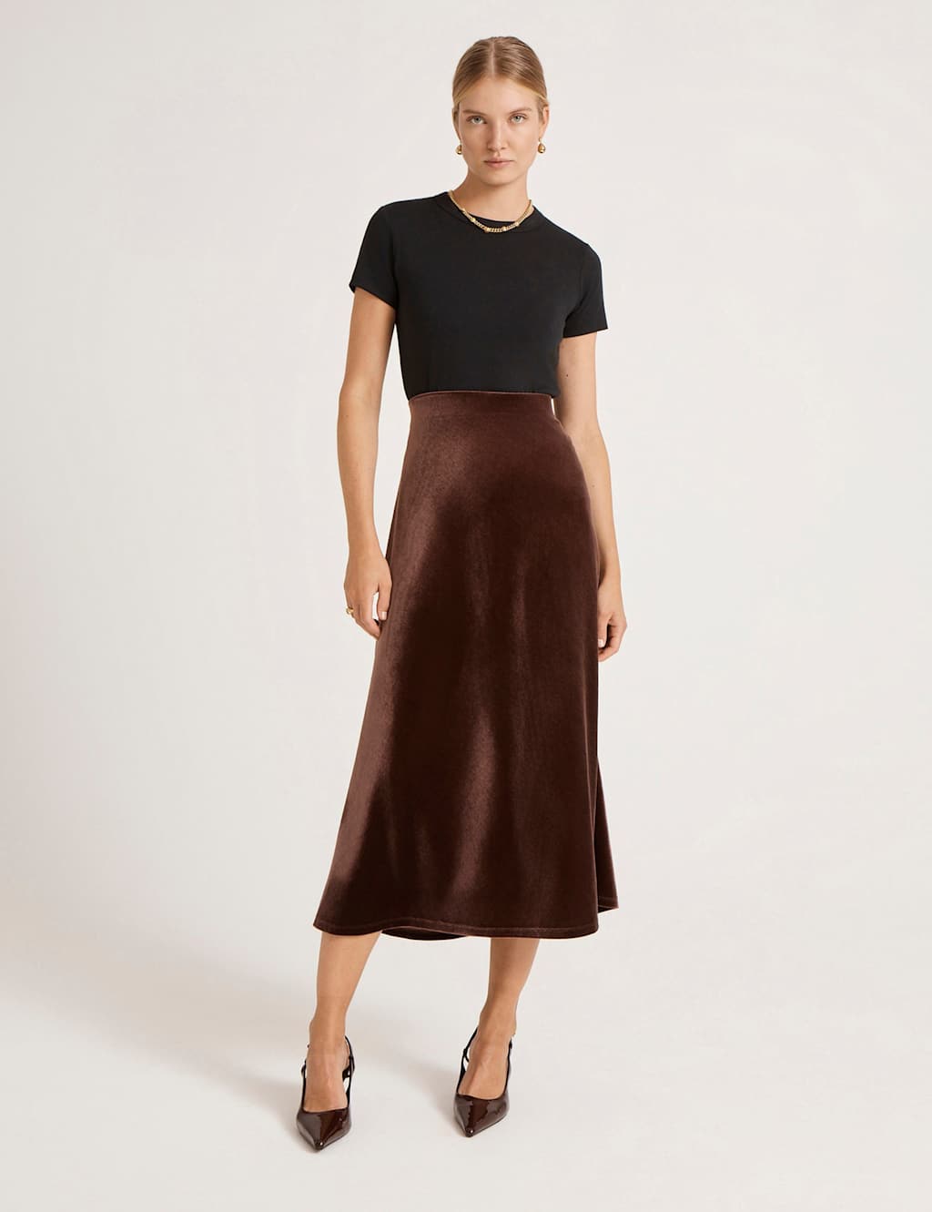 Finery London Velvet Midi Slip Skirt Brown