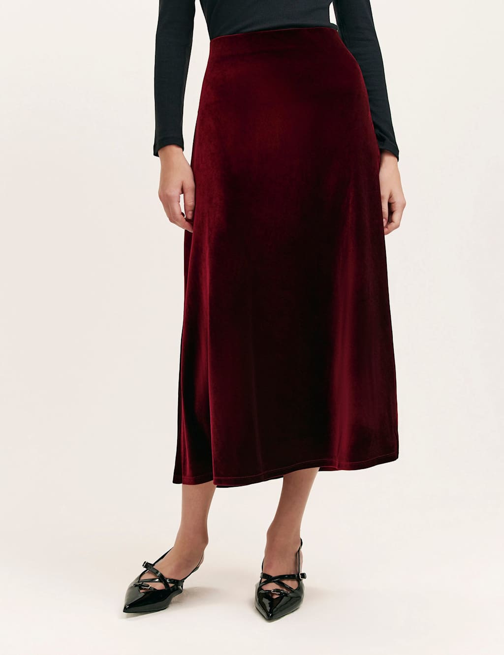 Finery London Velvet Midi Slip Skirt Burgundy