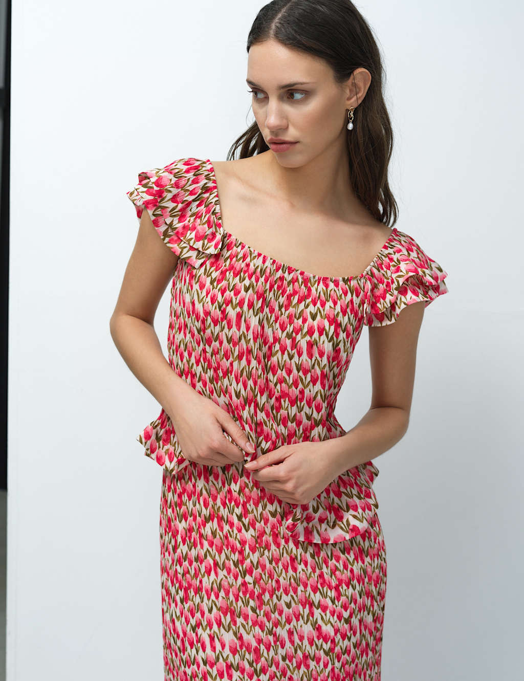 French Connection Women's Plissé Floral Square Neck Ruffle Peplum Top - 14 - Pink Mix - Available at M&S