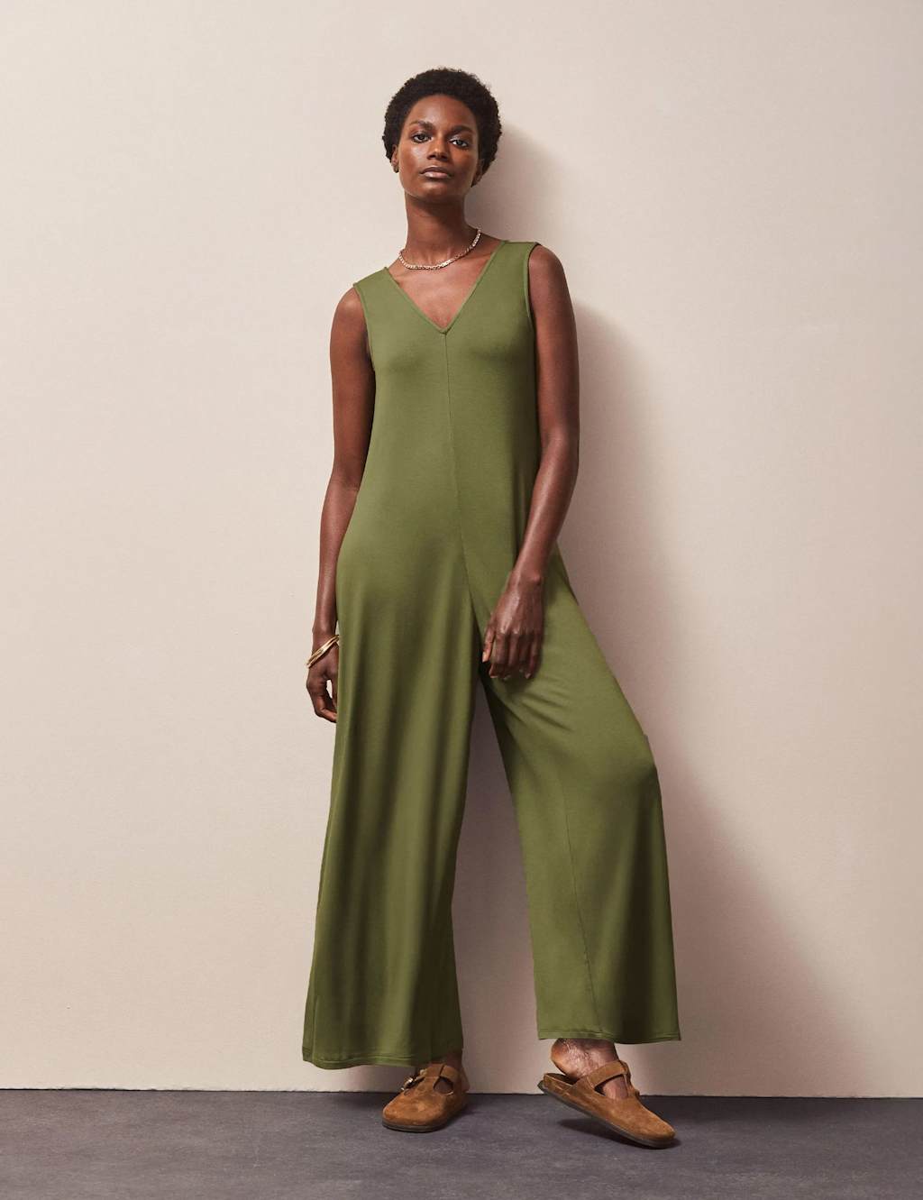 RO&ZO Jersey V-Neck Wide Leg Jumpsuit Dark Green