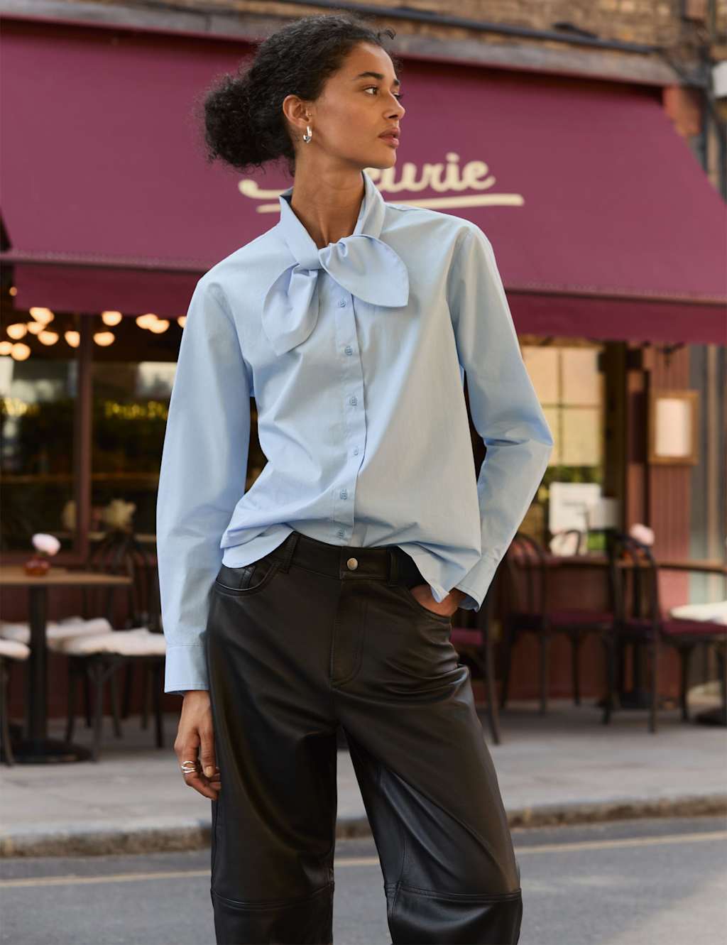 BAUKJEN Pure Cotton Tie Neck Shirt Blue