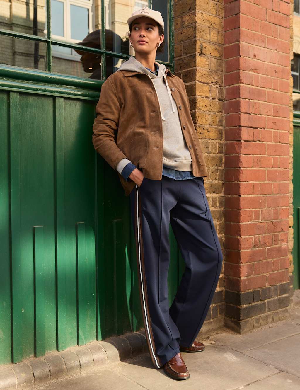 BAUKJEN Side Stripe Wide Leg Trousers Navy Mix