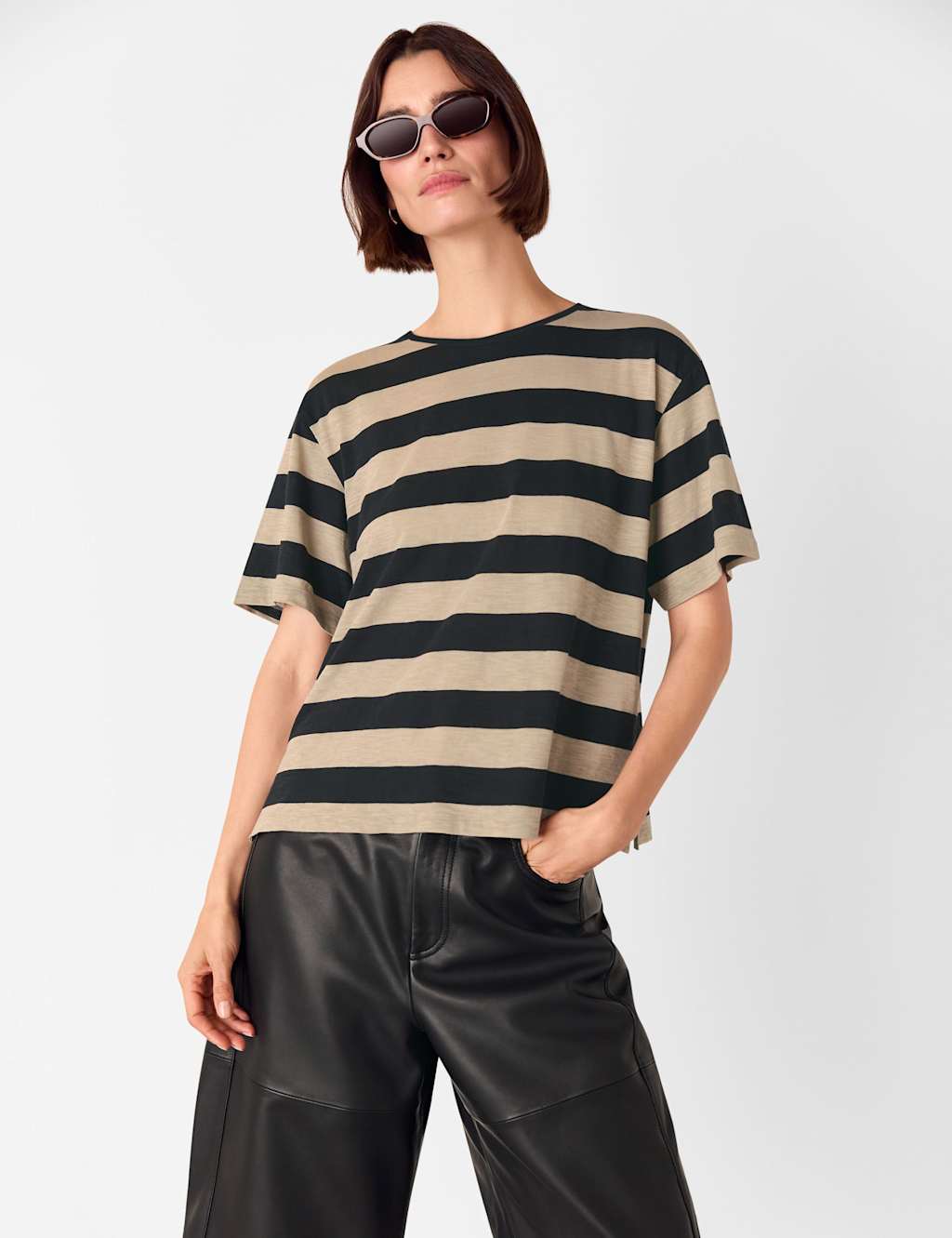 Whistles Pure Cotton Wide Striped T-Shirt Black Mix