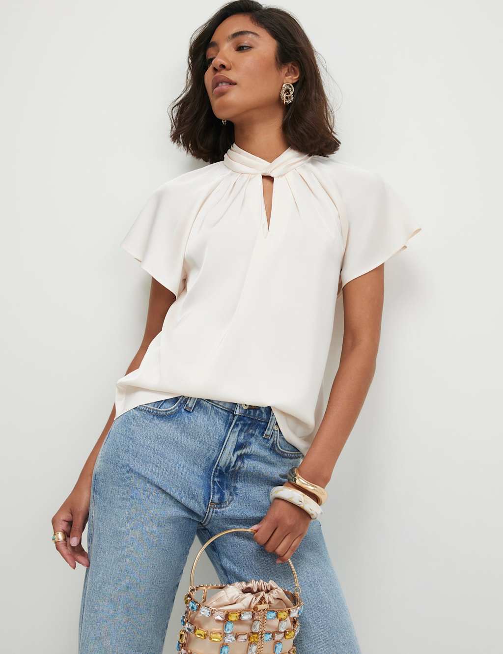 River Island Women's High Neck Angel Sleeve Blouse - 12 - Cream - Available at M&S