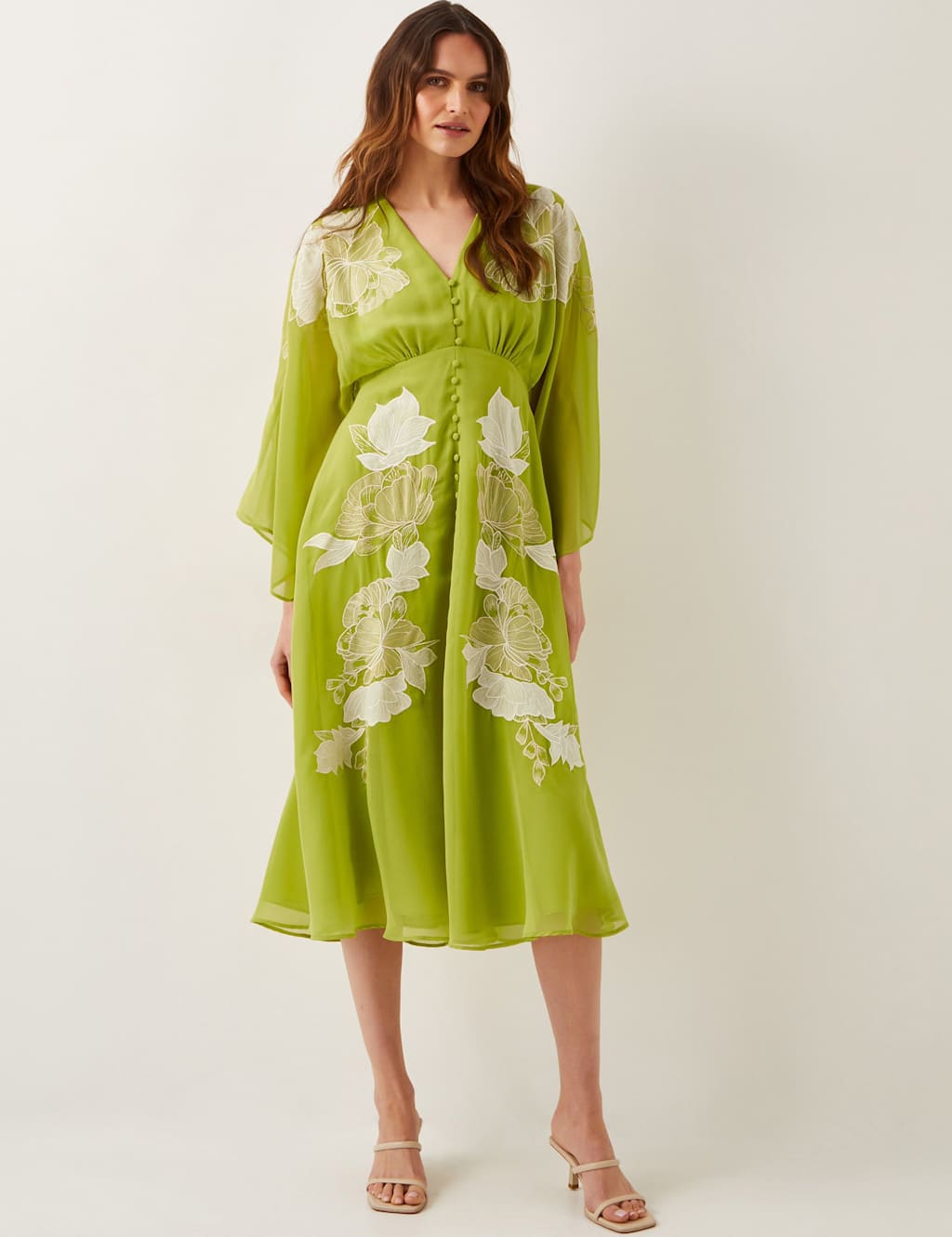 Embroidered V-Neck Midi Waisted Dress