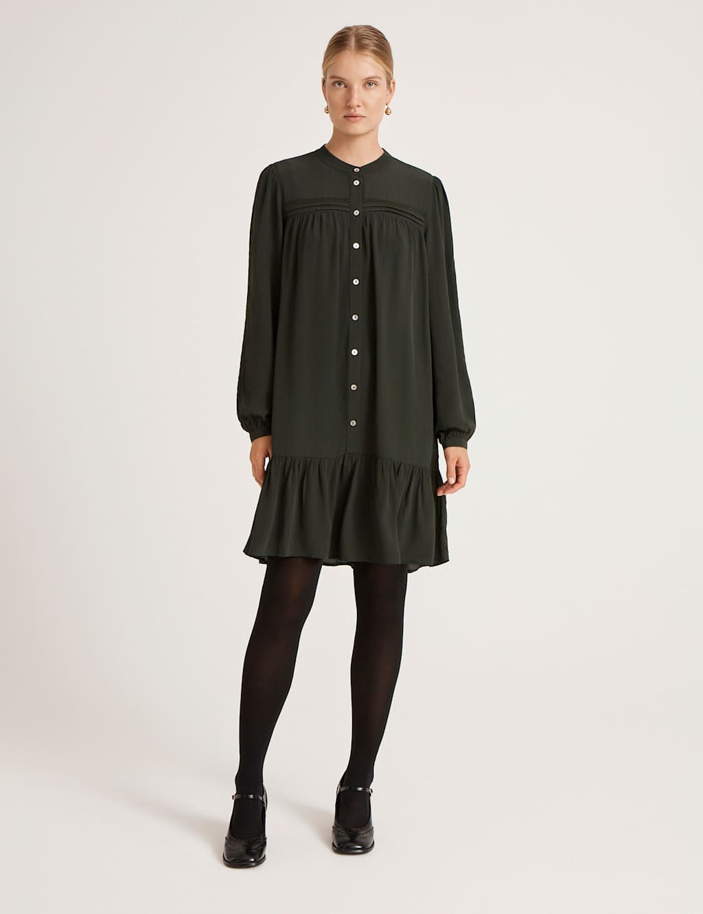 Finery London Crepe Round Neck Button Through Mini Dress Dark Green