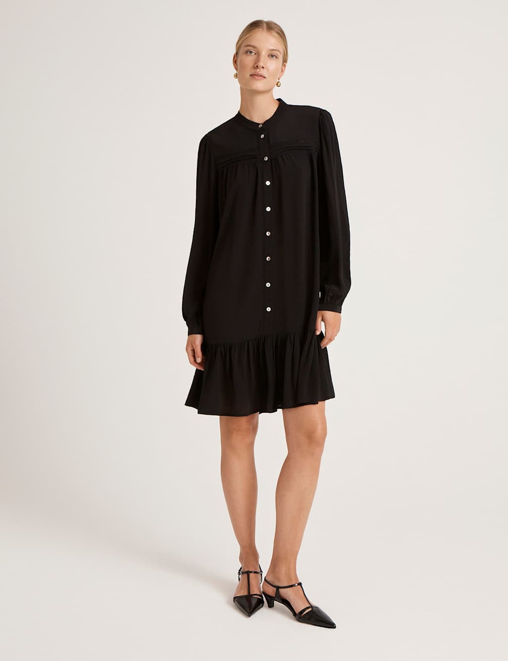 Finery London Crepe Round Neck Button Through Mini Dress Black