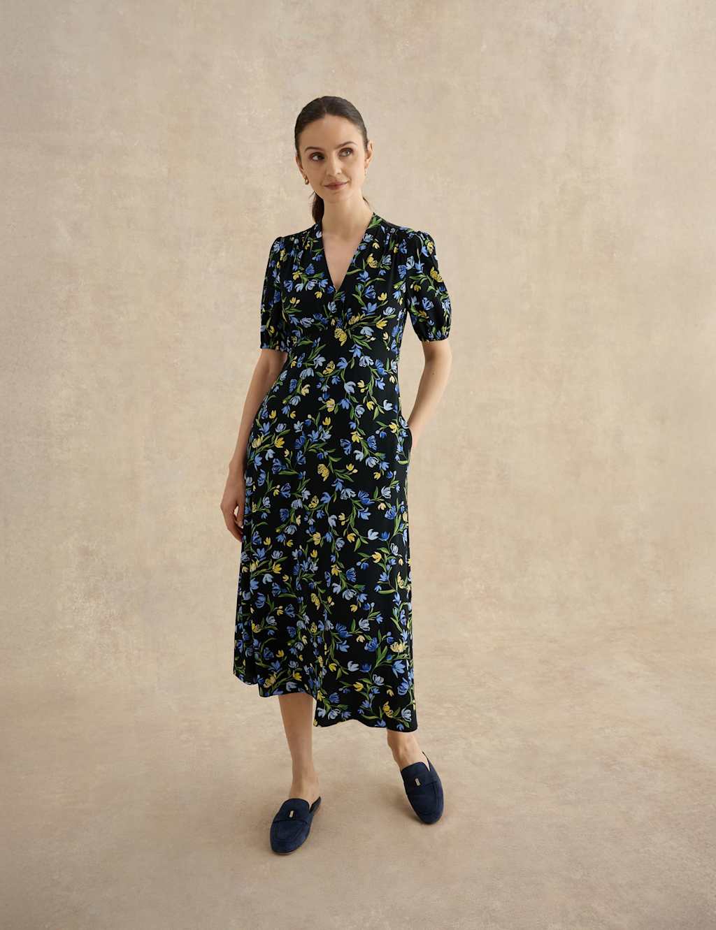Hobbs Women's Floral V-Neck Midi Tea Dress - 10 - Navy Mix - Available at M&S
