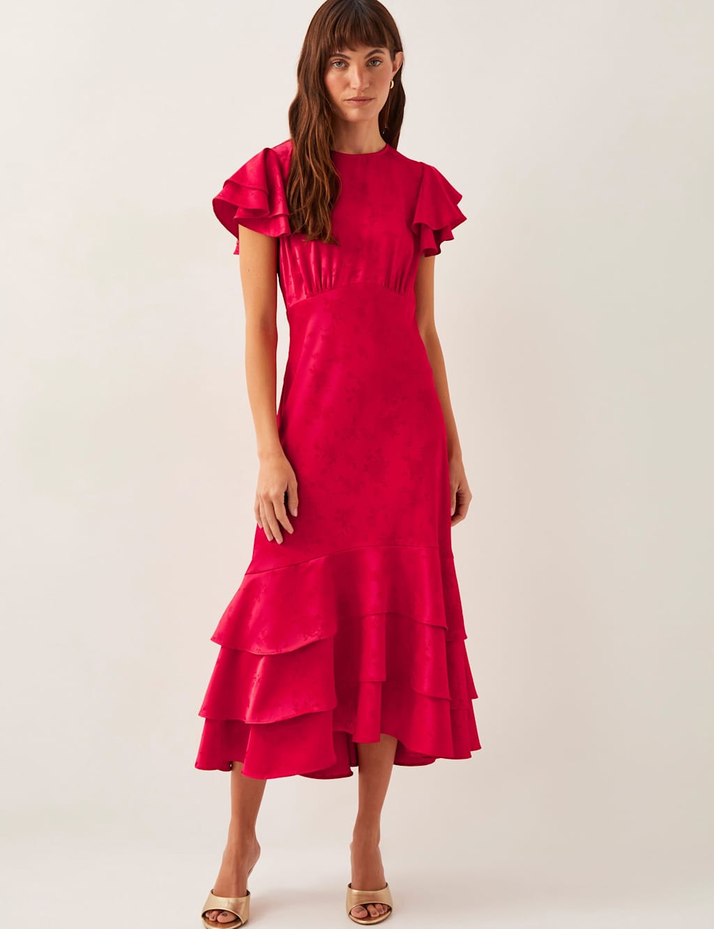 Satin Round Neck Ruffle Midi Waisted Dress