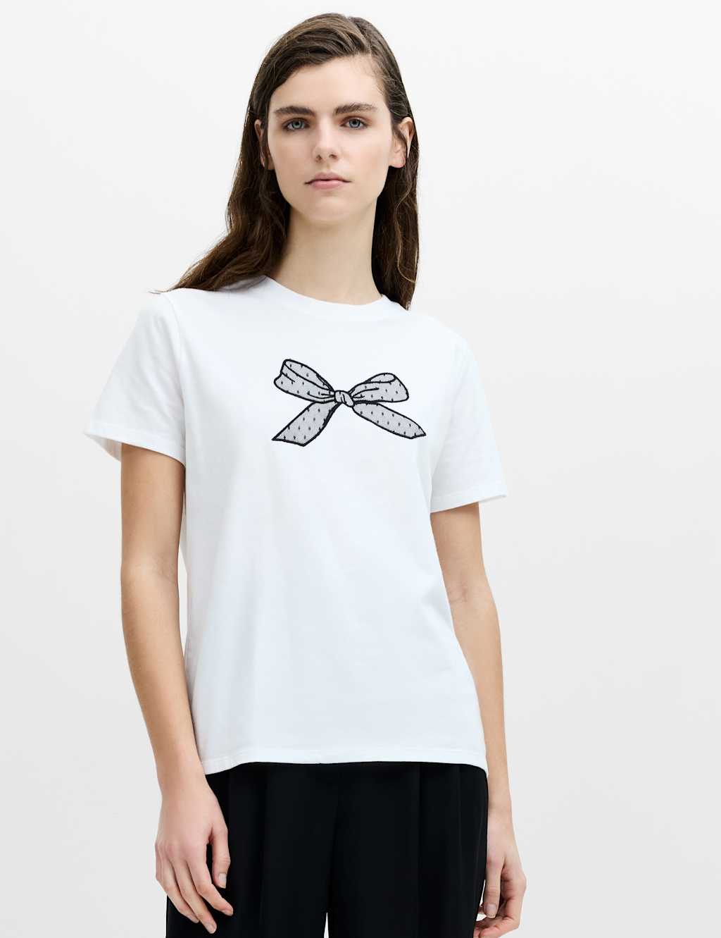 French Connection Women's Pure Cotton Mesh Bow T-Shirt - Small - White Mix - Available at M&S