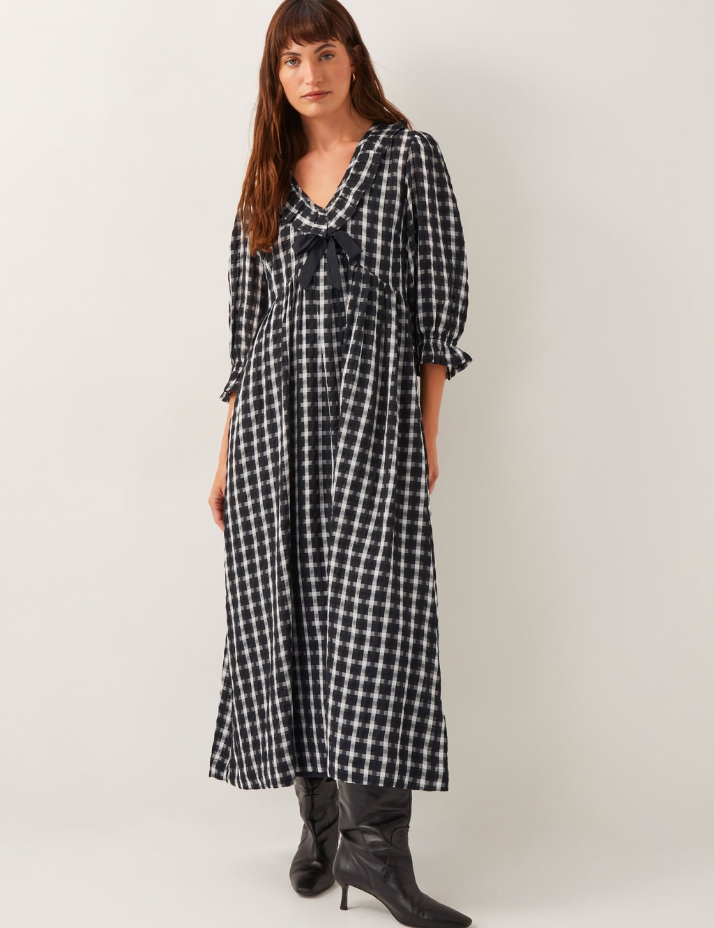 Checked Collared V-Neck Midi Skater Dress