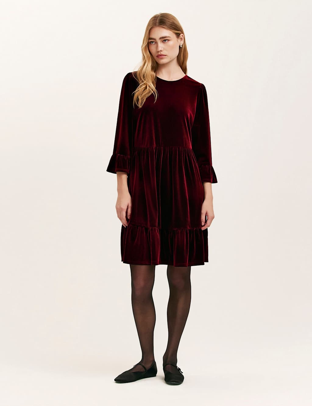 Finery London Velvet Round Neck Knee Length Tiered Dress Burgundy