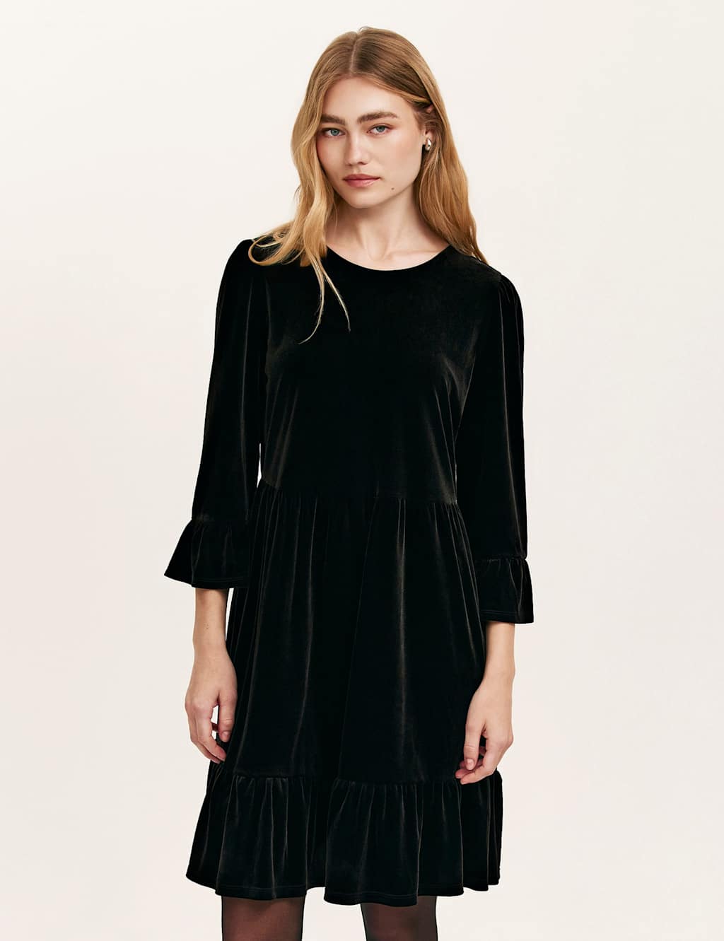 Finery London Velvet Round Neck Knee Length Tiered Dress Black
