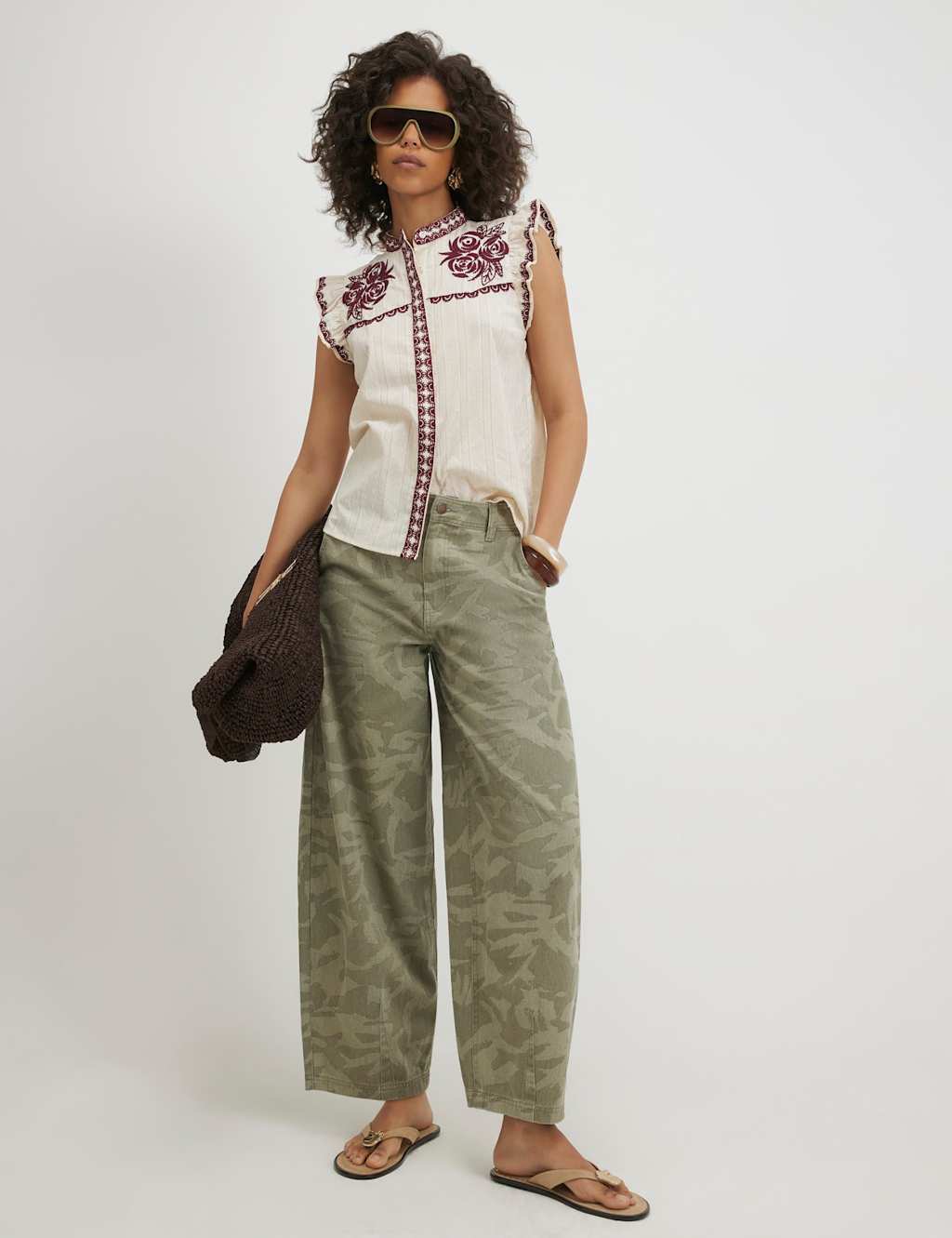 River Island Women's Pure Cotton Dobby Embroidered Ruffle Blouse - Large - Cream Mix - Available at M&S