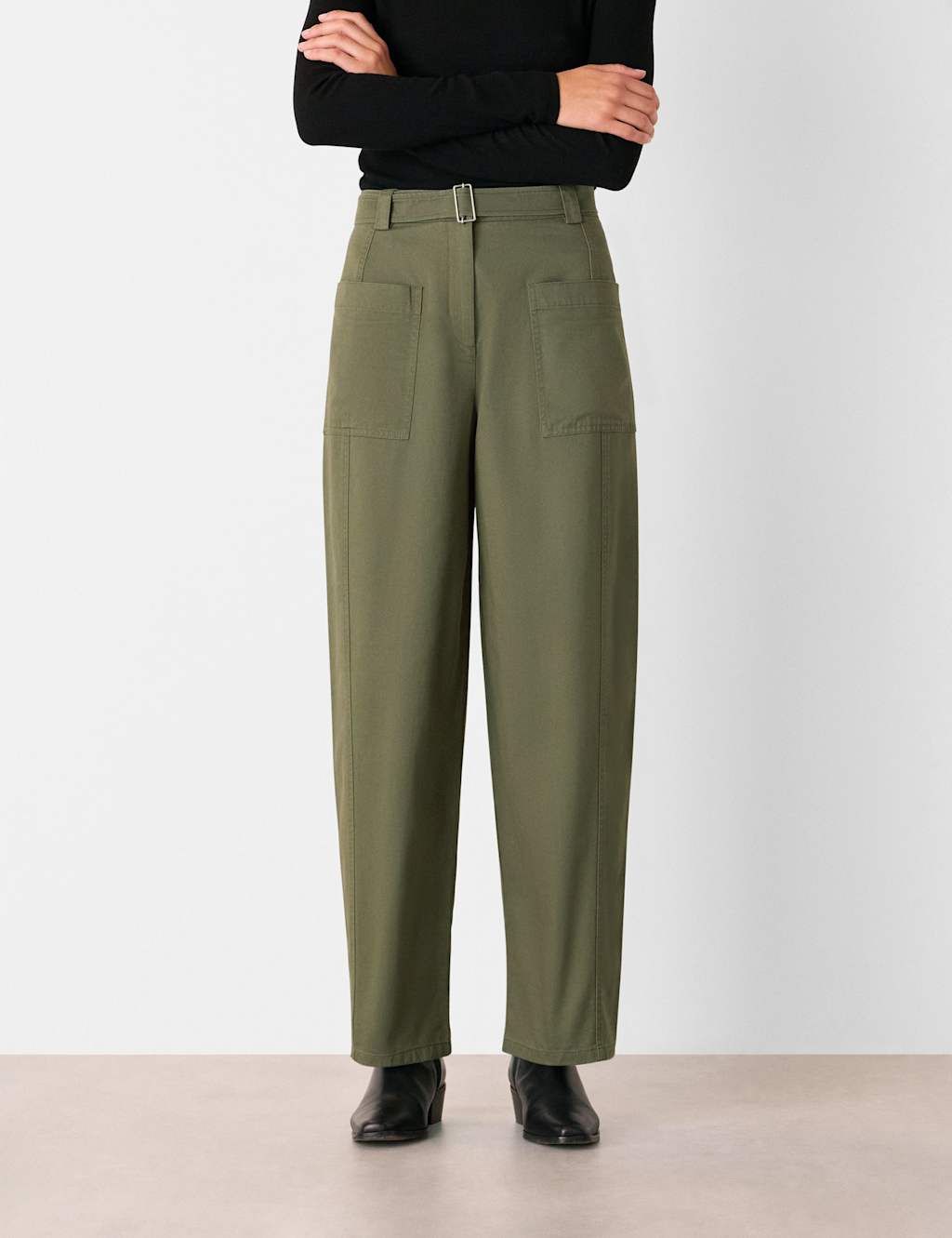 Whistles Pure Cotton Barrel Leg Ankle Grazer Trousers Khaki