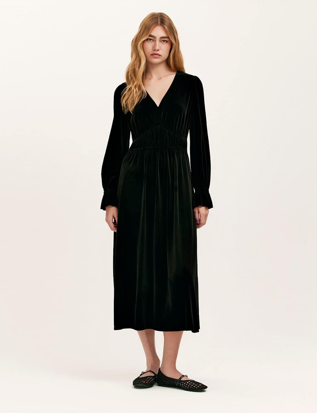 Finery London Velvet V-Neck Midi Waisted Dress Black