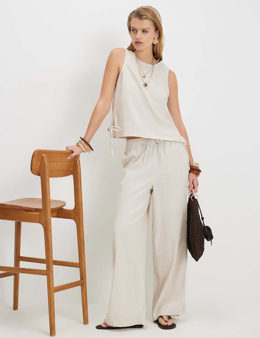 River Island Women's Linen Rich Wide Leg Trousers - Small - Stone - Available at M&S