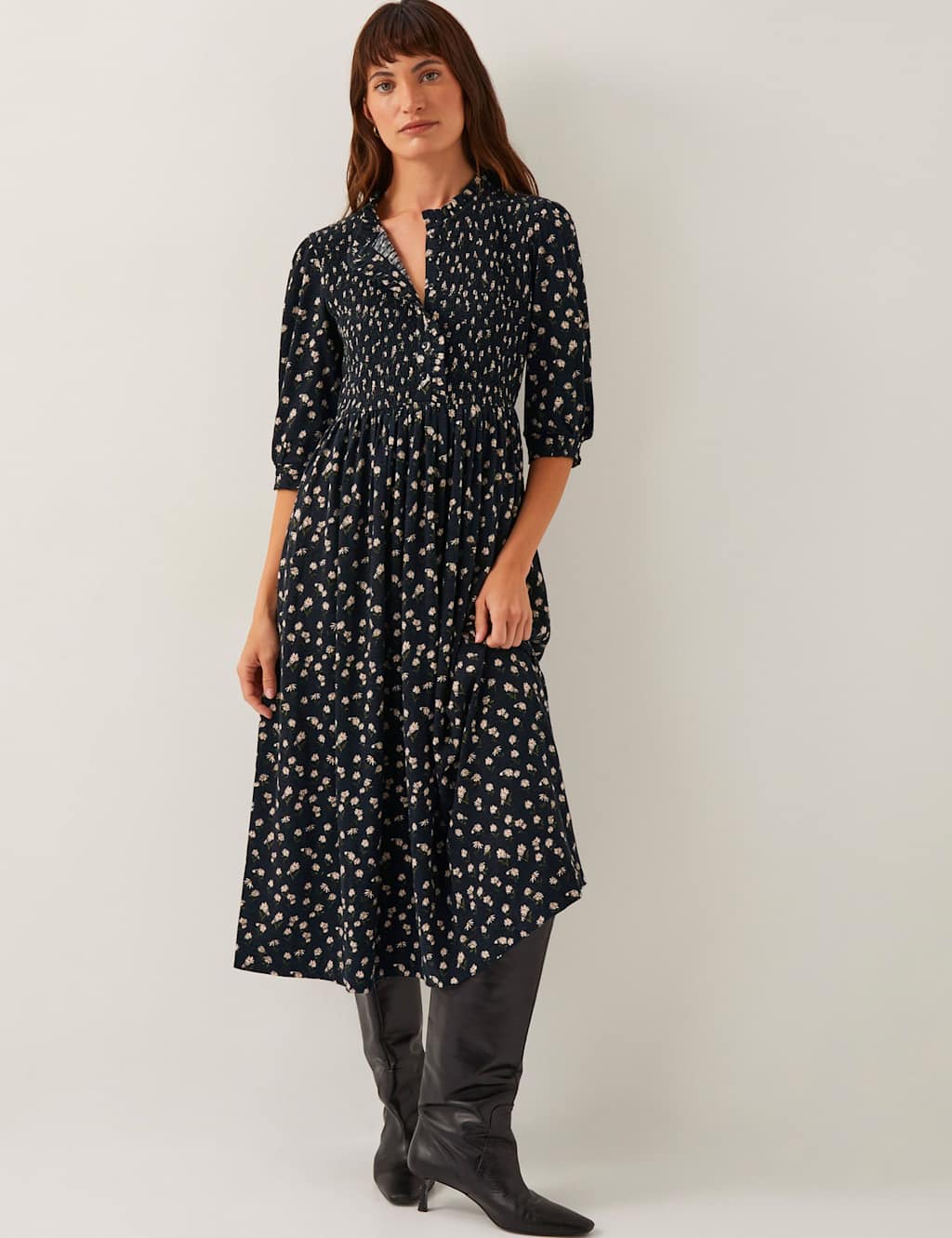 Jersey Floral Midi Shirred Waisted Dress