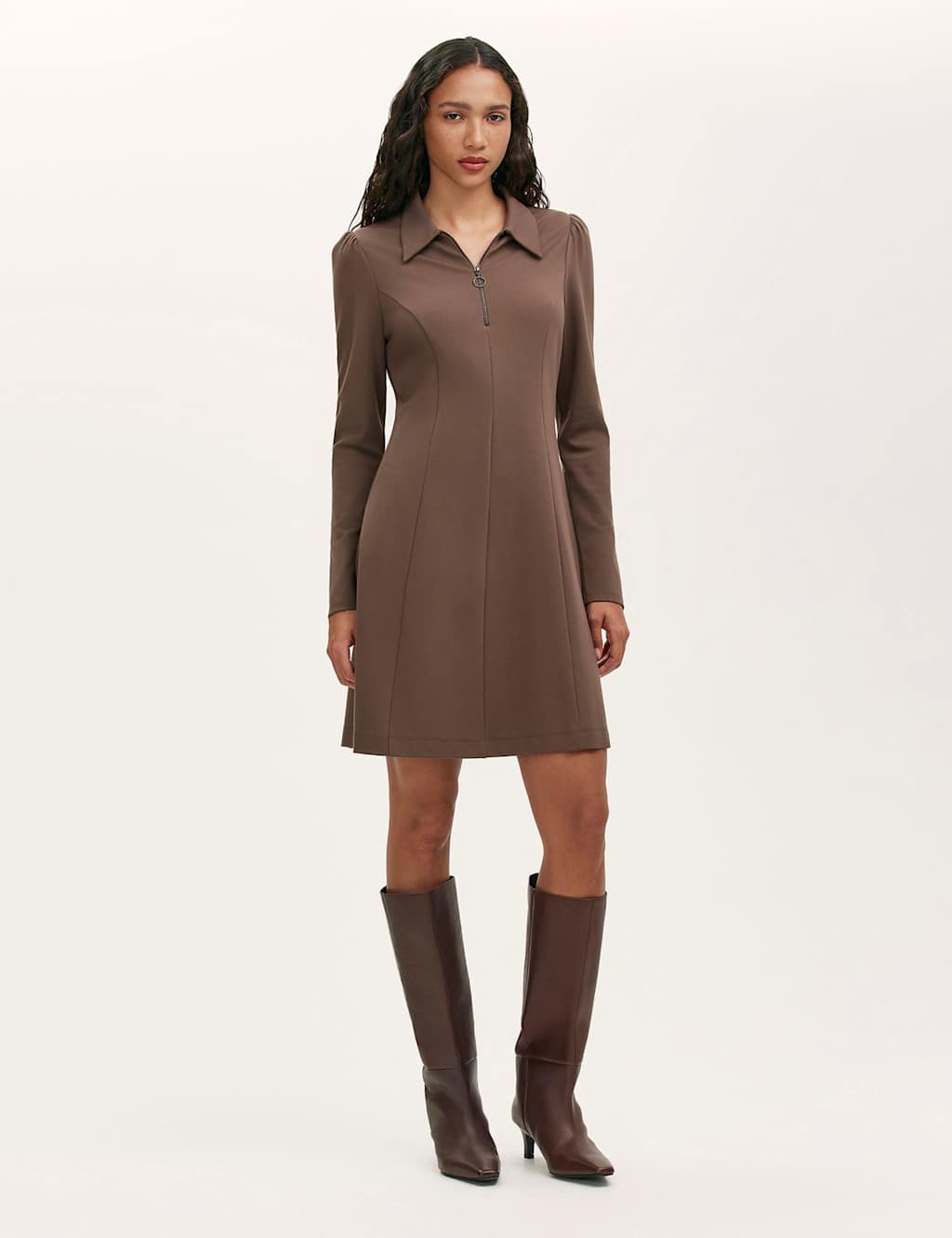 Finery London Women's Jersey Zip Neck Knee Length Shirt Dress - 24 - Brown - Available at M&S