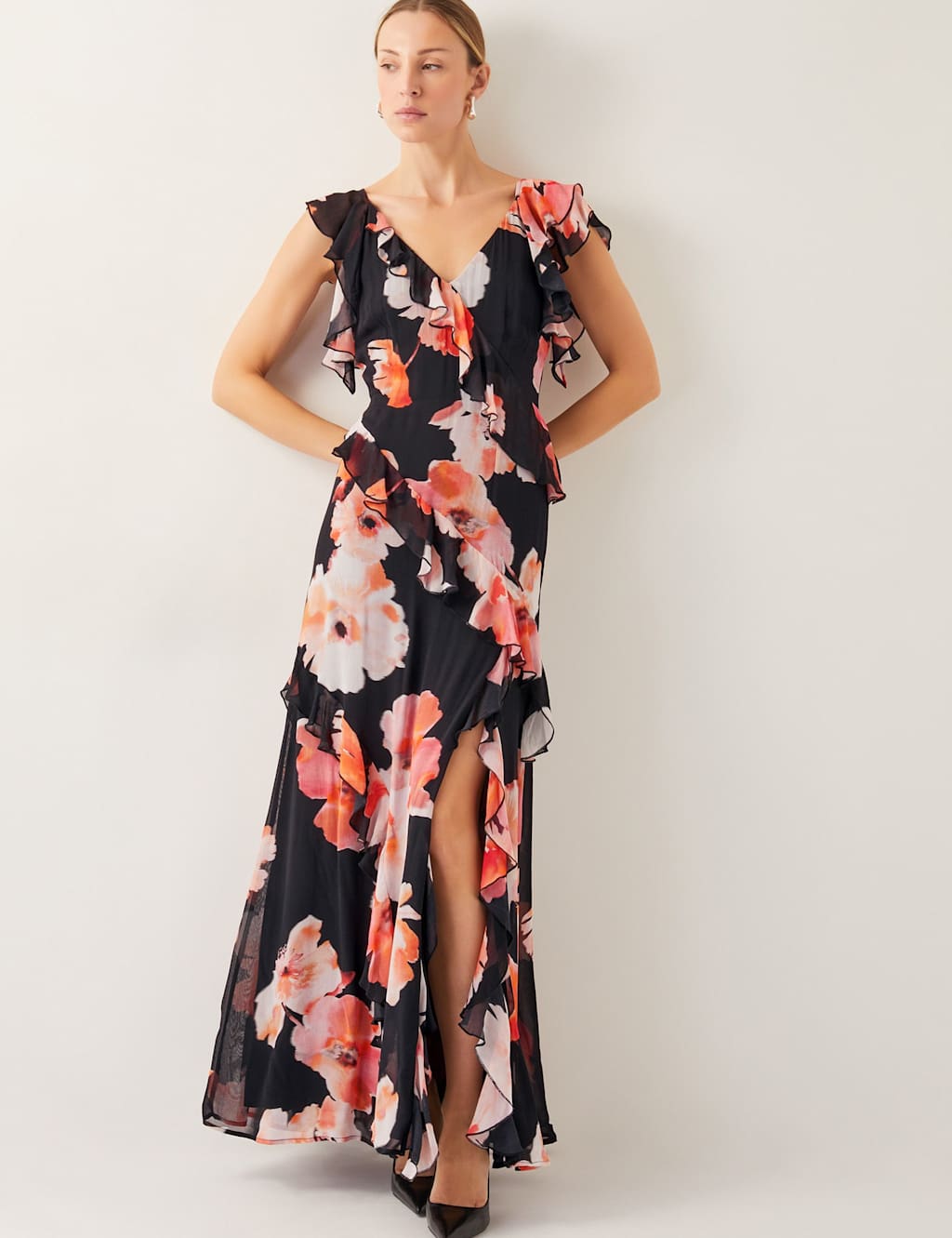 Chiffon Floral V-Neck Ruffle Maxi Skater Dress