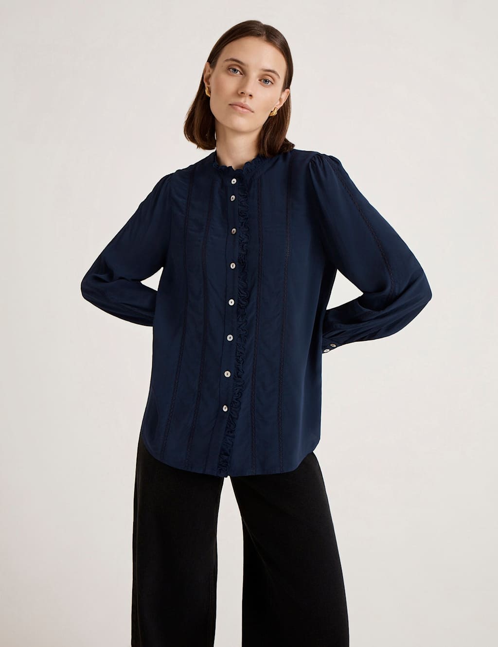 Finery London Crepe Round Neck Ruffle Blouse Navy