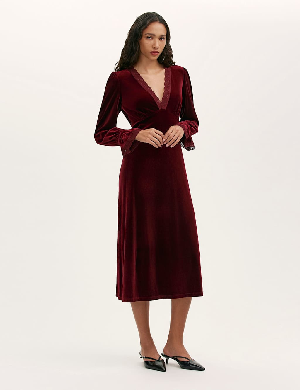 Finery London Velvet V-Neck Midi Tea Dress Burgundy