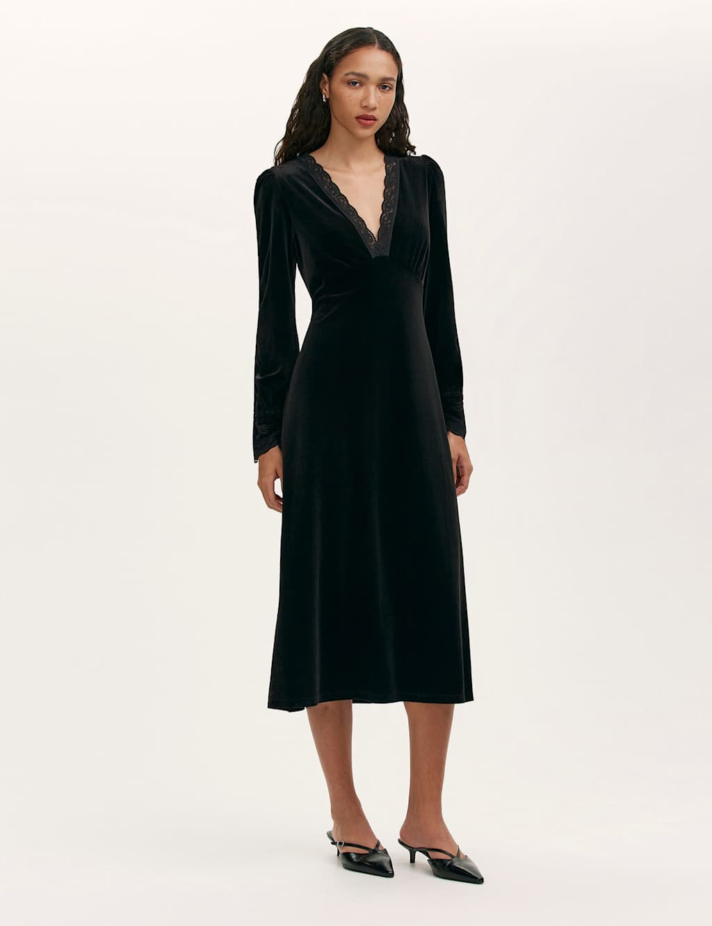 Finery London Velvet V-Neck Midi Tea Dress Black