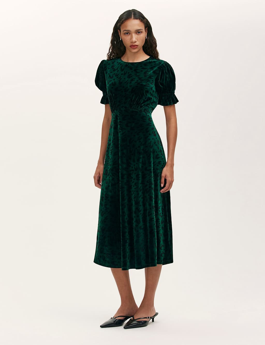 Finery London Velvet Leopard Print Round Neck Midi Tea Dress Green Mix