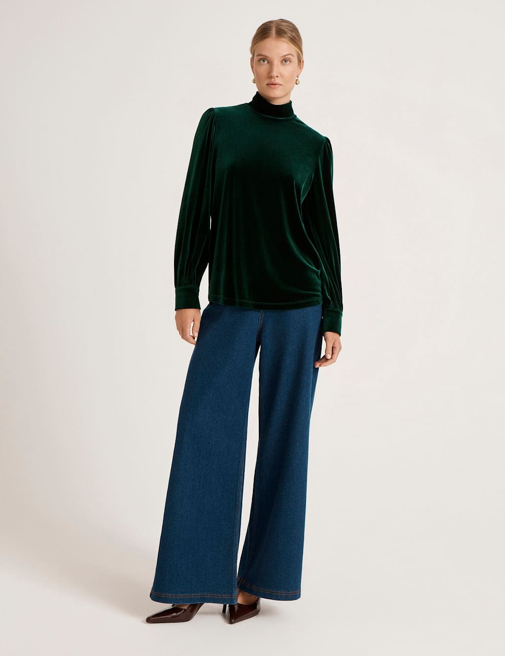 Finery London Velvet High Neck Puff Sleeve Top Green